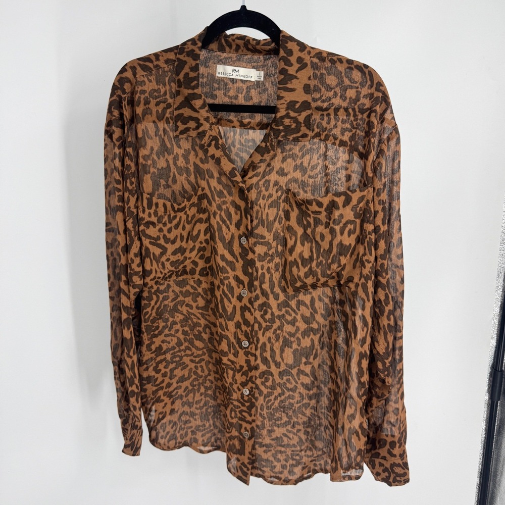 Rebecca Minkoff Leopard Print Sheer Button Down Blouse Brown Black Large